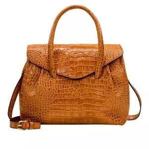 Patricia Nash Notely Croc Embossed Leather Flap Satchel Crossbody Bag Pumpkin